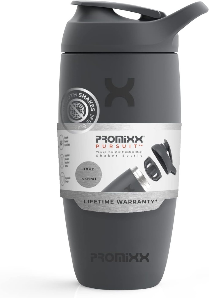 ProxPursuit Shaker Bottle Insulated Stainless Steel Water Bottle and shaker Cup, 18oz, Graphite Gray