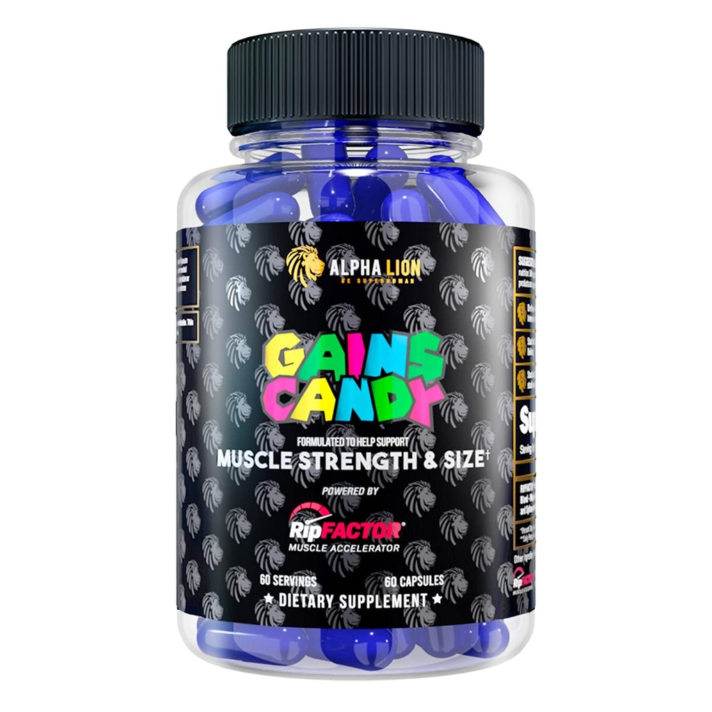 ALPHA LION Gains Candy, Tambahan Pil untuk Perkembangan Muscle, Ukuran, & Kekuatan, Nitric Oxide Booster, Pembangun Muscle, Gunakan Daily to Upgrade Energy Performance, 60 Capsules (RipfaceTOR ®)