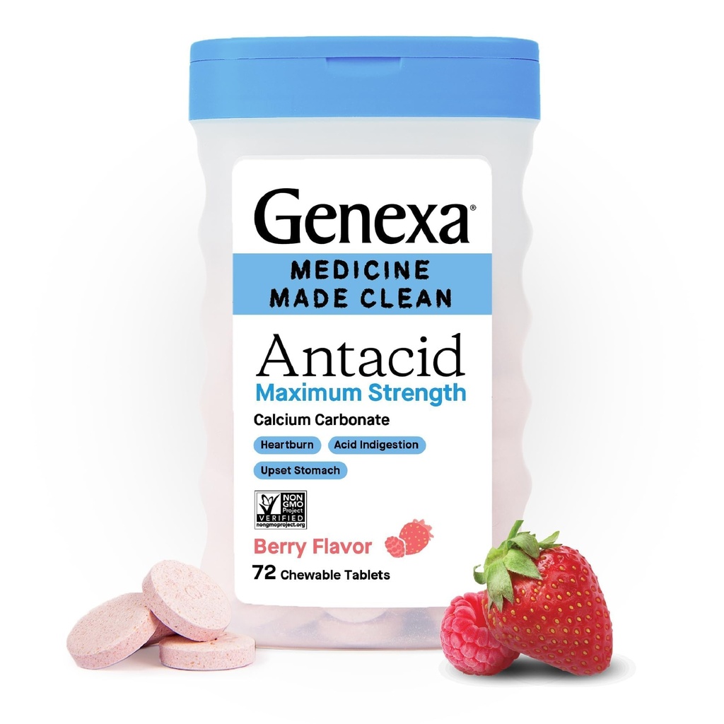 Genexa 3 Pack Clean Antax Chewable Tablet lever 124; Maximum Power Calcium Carbonate for Heartburn, Acid Indibuble & Upset Stomach Relief 124; Dye Free, 0% Artificial Address 124; Berry Flavor, 216ct