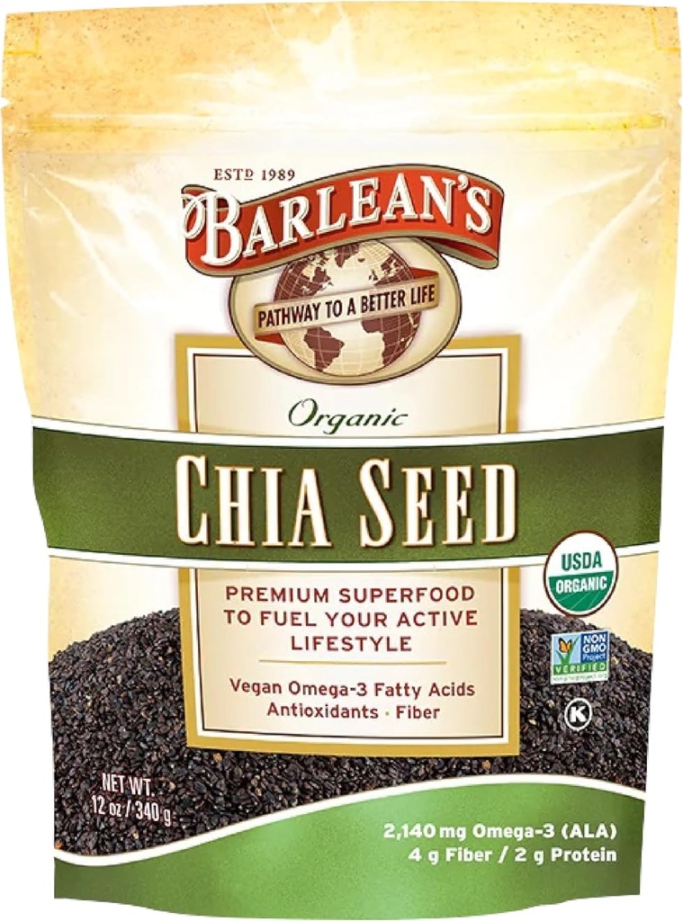 Barlean 's Organic Chia Seeds with 2.140 mg Omega 3 Fatty Acids, Fiber Suplemen untuk Whole Chia Benih untuk Smoothies, Non-GMO Disertifikasi, 12 oz
