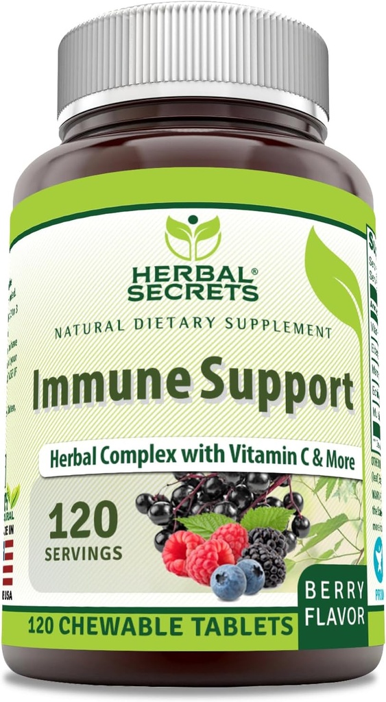 Herbal Secrets Imune Support with Vitamin C & Elderberry 124; Berry Flavor Chewable Tablet Chewable 124; 120 Count 124; Non- GMO 124; Glute- Free 124; Made in USA