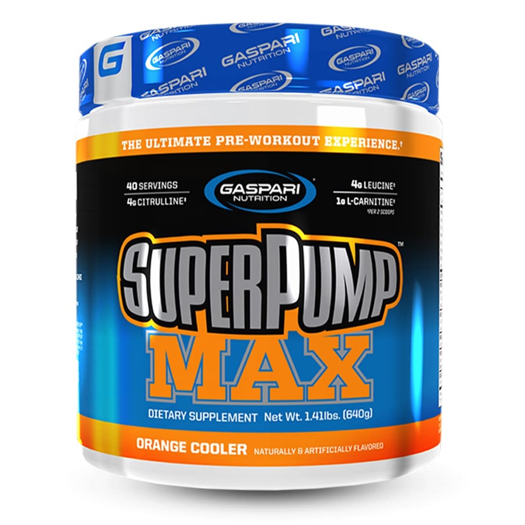 Super Pump Gaspari Super MAX, Powder Ultimate Pre Workout, Prescraining Energi Yang Terus-menerus, Nitric Oxide Booster, Pertumbuhan Muscle, Pemulihan Elektrolit (40 Serving, Orange Cooler)