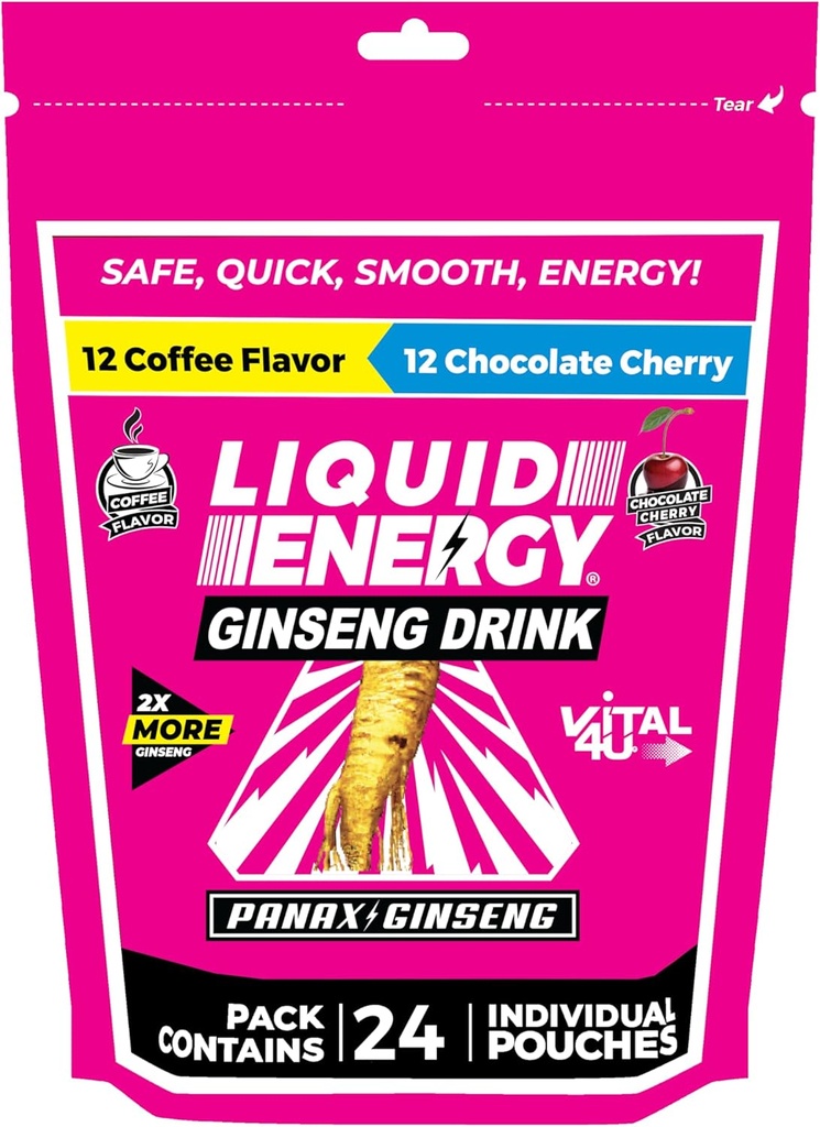 VITAL 4U ® Liquid Energy Shot - Coffee & Chocolate Cherry Combo Pack, Ginseng, B Vitamin, alami Sweetened, 24 ct