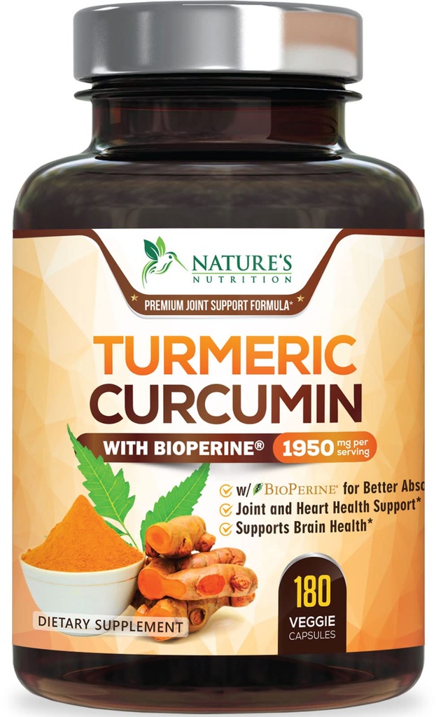 Turmeric Curcumin Supplement 1950mg - 95% Curcuminoids with Organic Turmeric & BioPerine Black Extract for Best Absorpsi, Nature 's Vegan Joint Dupport, Non-GMO, Bottoms in USA - 180 Capsules
