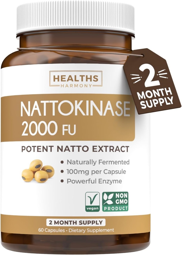 Healths Harmony Nattokinase 2000 FU (Non- GMO) Suplemen Nattokinase Terkuat Dibuat dari Soybeans Berfermentasi Alami - (2 Bulan Suppply) 60 Vegan Natto Capsules