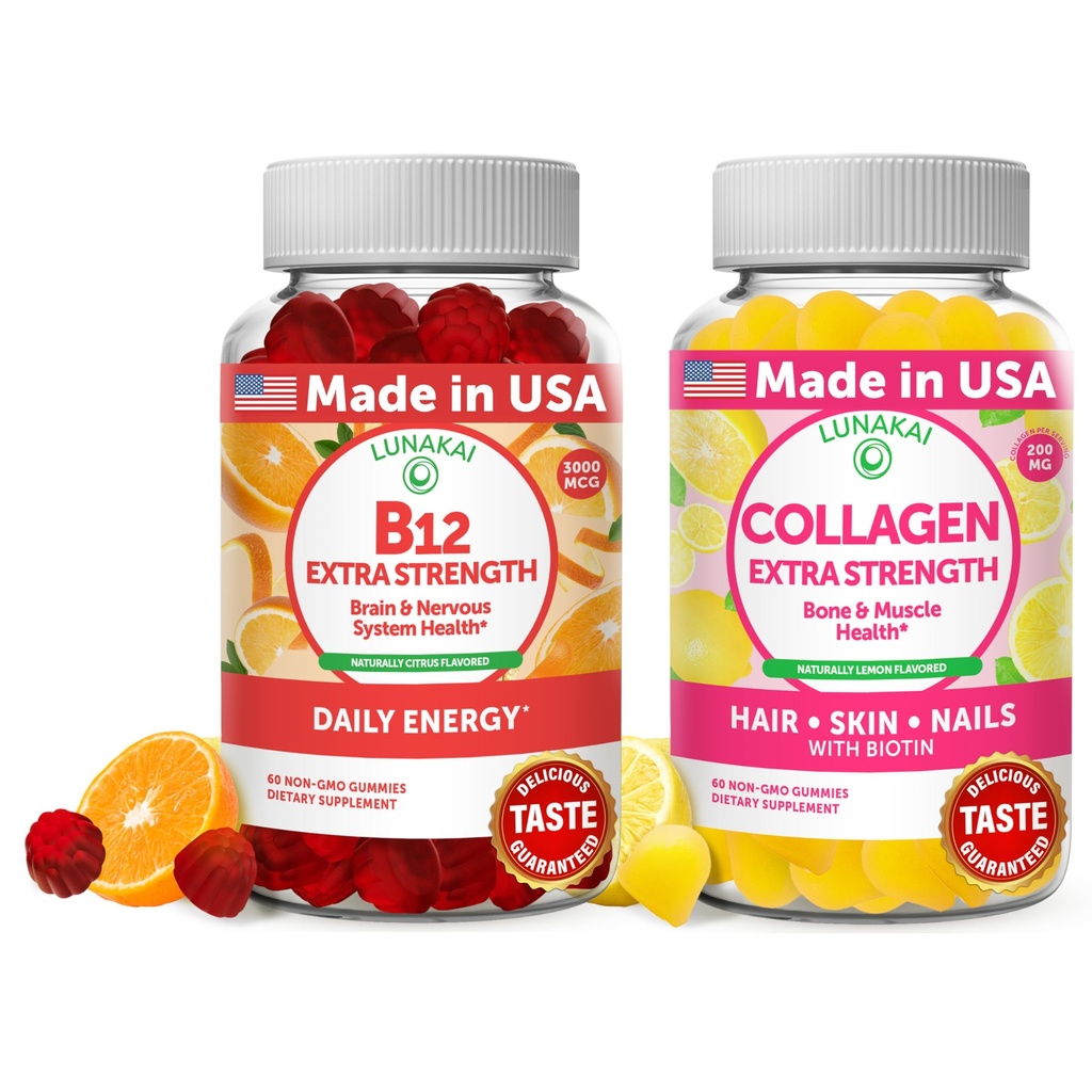 Lanakai Vitamin B12 dan Gummies Collagen Bundle - 3000 mcg Methylcobalamin High Absorpsi Energy Gummies - Nun-GMO Supplemen Anti-Penuaan untuk Pria & Perempuan - 30 Hari Supppply