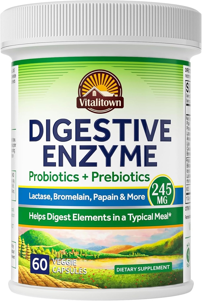 Vitalitown Digetical Enzyme 124; 3-in 1 Formula 124; Programpe + Pregnance 124; 60 Veg Caps 124; 245 mg 124; Seven Key Enzymes 124; Bromelain, Lactase 124; untuk Dibuble 124; Segan, Nn-GMO