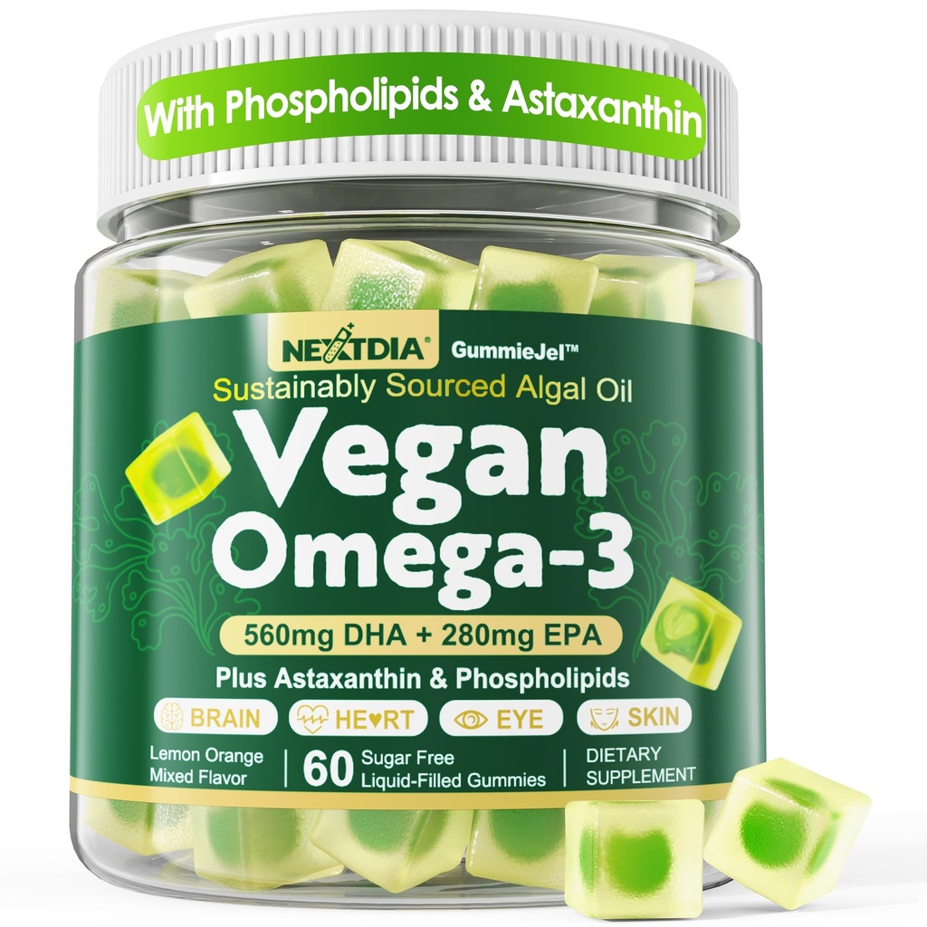 Vegan Omega 3 Gummies + Phospholipids, Astaxanthin, Vitamin D3, DHA 560mg & EPA 280mg, Fish-Free Algae Omega 3 Suplemen untuk Orang dewasa & Anak-anak untuk Otak, Mata, Mata, Seluruh Kesehatan, Gula Bebas, 60 Cts