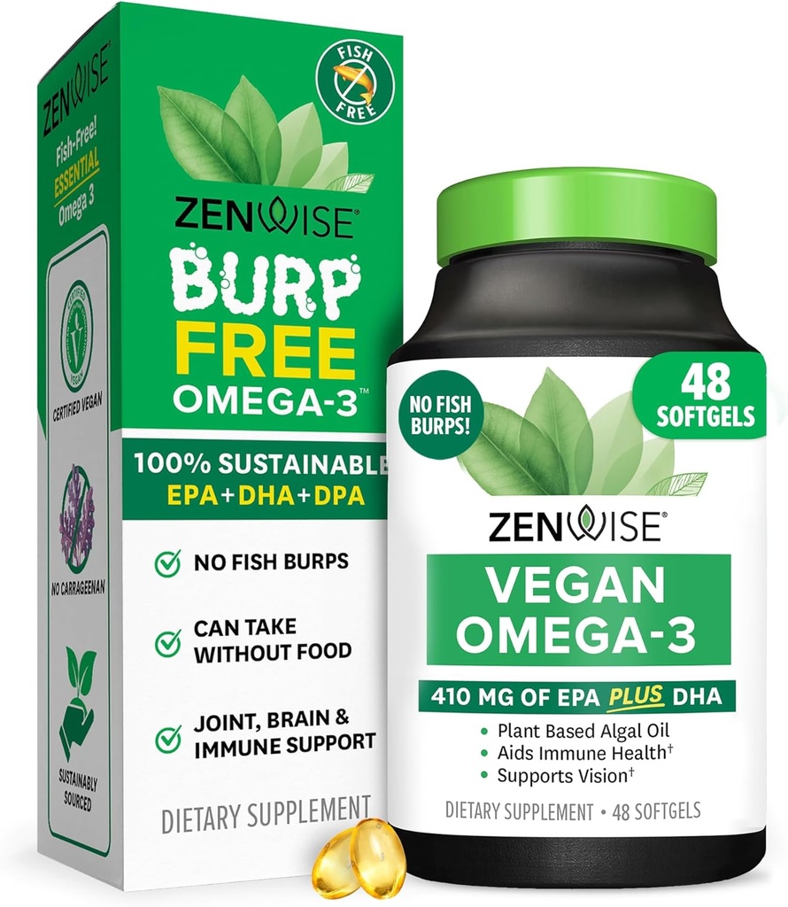Suplemen Zenwise Health Vegan Omega 3 Omega 3 - Penggabungan Omega 3 yang tidak terbakar dengan DHA, EPA & DPA Fatty Acids untuk Kesehatan Kelahiran - Alternatif Minyak Ikan dari Alga Laut Yang Disediakan - 48 Softgels