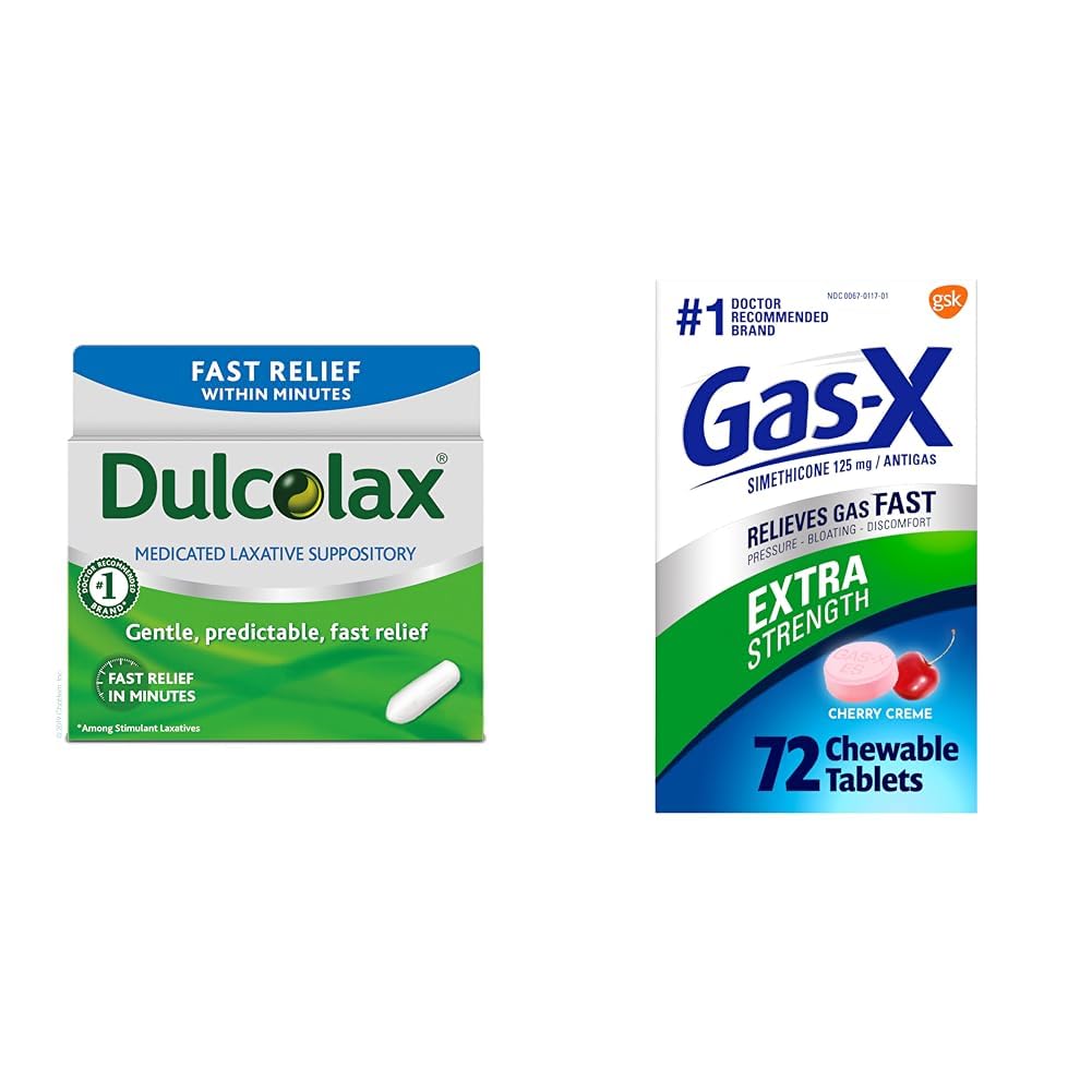 Dulcolax Fast Relief Medicated Laxative Suppositories Fast Relief & Gas-X Extra Strength Chewable Gas Relief Tablets with Simethicone 125 mg for Bloating Relief, Cherry - 72 Count