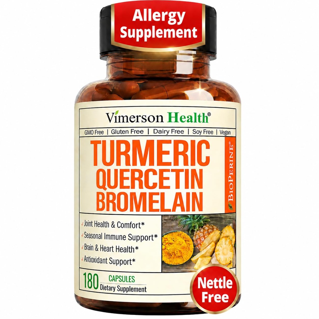 Quercetin bersama Bromelain Turmeric Curcumin Suplement - Allergy Relief, Joint & Imune Support - Organic Turmeric Suplemen dengan Black Pepper (Bioperine) - 180 Quercetin 500mg Capsules