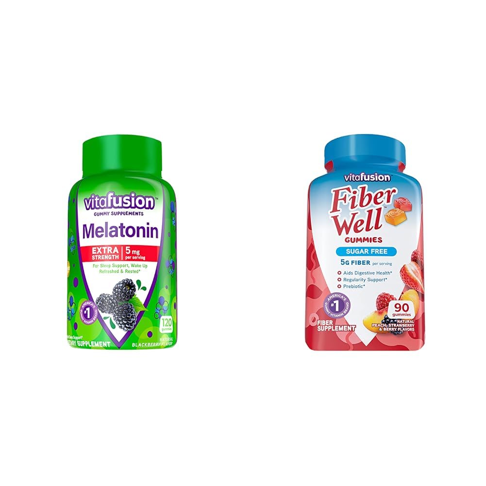 Vitamin Extra Energy Melonatin Gummy Vitamin, 5mg, 120 ct Gummies & Fiber Well Sugar Free Fiber Suplement, Peach, Strawberry dan BlackBerry Flavared Suplemen, 90 Count