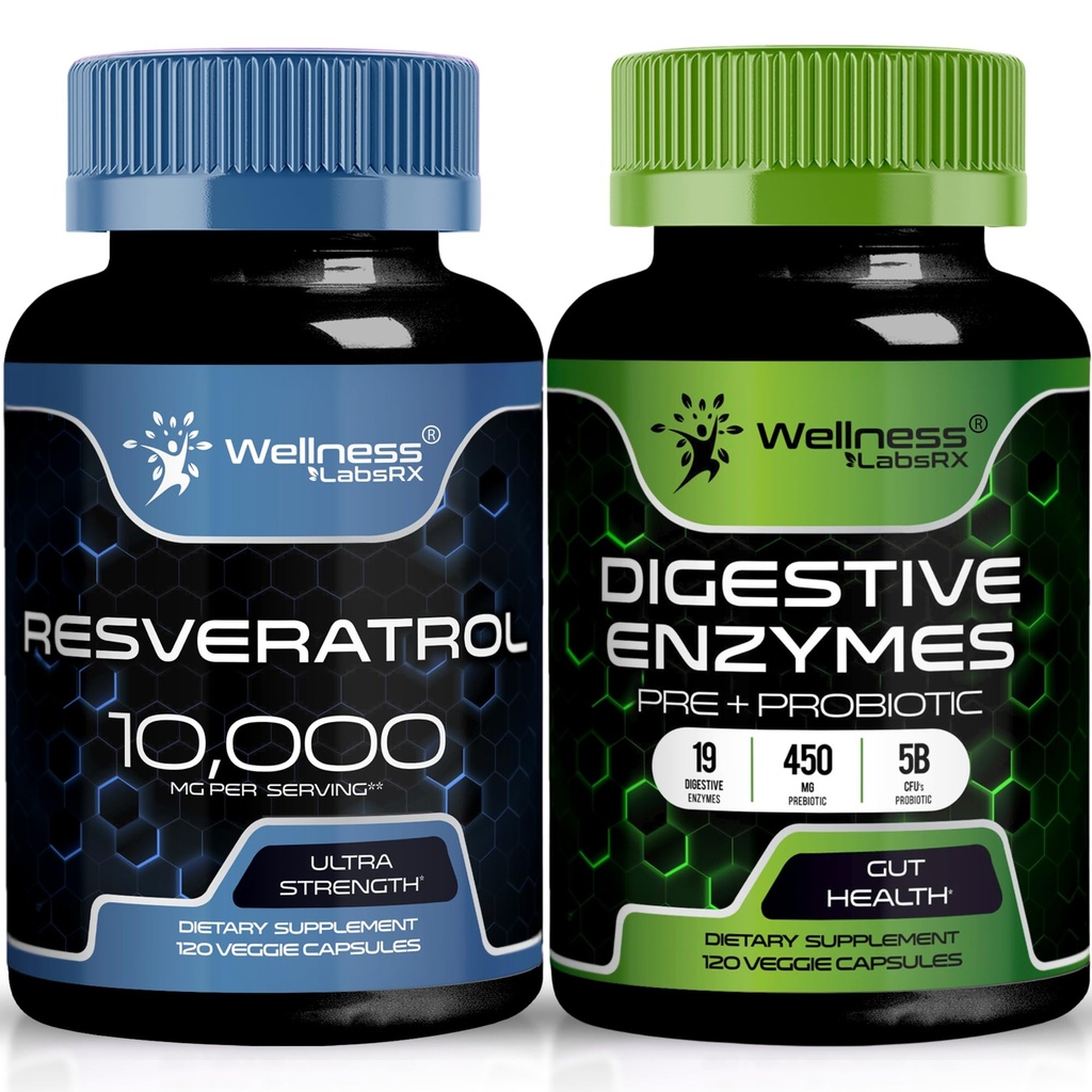 WELLNESS LABSRX Resveratrol Capsules 10,000mg - Enzymes Digeptical 450mg