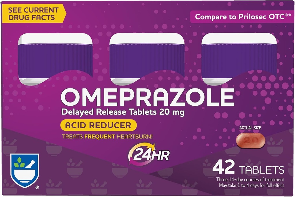 Rite Acid Acid Reducer Omeprazole Delayed Delayed Lablet - 20 mg, 3 Bottles, 14 Cacah Setiap (42 Cacah Total), Tidak beraroma, Relief Heartburn, Obat-obatan Heartburn, Obat-obatan Request Heartburn