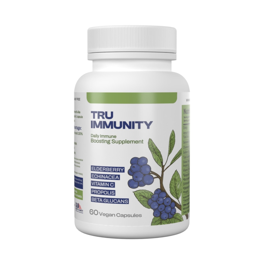 Tru Imunity Boost, Imune Supplemen Dukungan, Imune Booster Vitamin untuk orang dewasa dengan Elderberry, Echinacea, Vitamin C, Propolis dan Beta Glulans, 60 Vegan Capsules