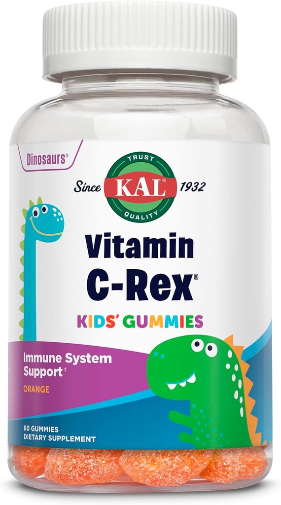 KAL Vitamin C-Rex Kids 'Gummies, Vitamin C Gummies untuk Anak-anak, Ammune Sehat, Bone, Muscle & Skin Dukung Vitamin C Gummy, Vegan, Gluten Bebas, 60 Hari Uang Jaminan, 30 Pelayan, 60 Gummies