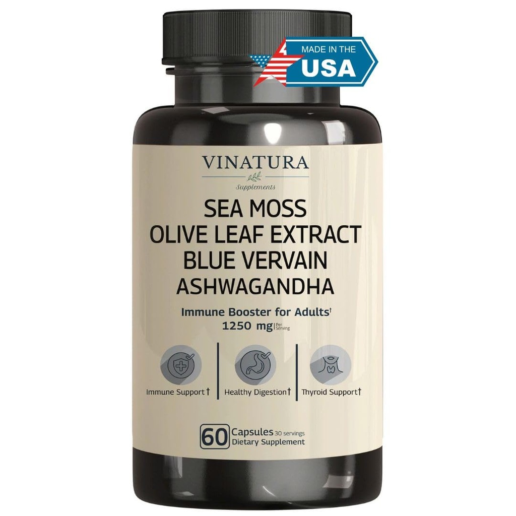 VINATURA Organic Sea Moss, Blue Vervain - dengan Black Seed Oil, Ashwagandha, Ginger, Burdock Root Capsules - 1250mg per Serving, * USA Made & Tested * Immune Booster for Dewasa