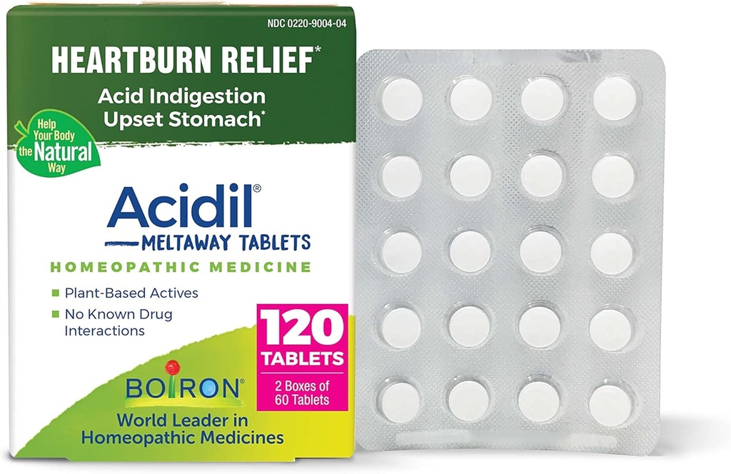 Boiron Acidil Tablet for Relief of Acid Reflux, Heartburn, Indibustles, and Upset Stomach - 120 Count (2 Pack of 60)