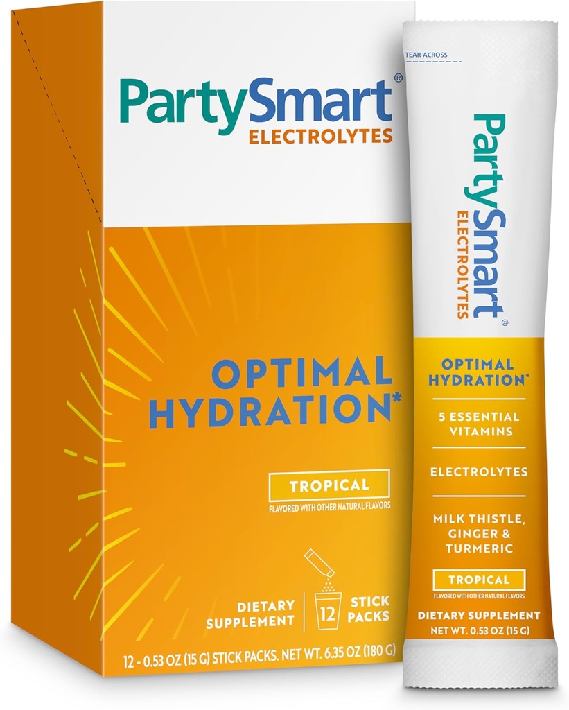 Hilaya PartySmart Tropical Powtes Pawder, 12 Count, Support Hidration, Rehydrate with Sodium & Potasium, Vitamin C & More, Antioksidant Recovery Blend Milk Thistle, Ginger & Turmeric