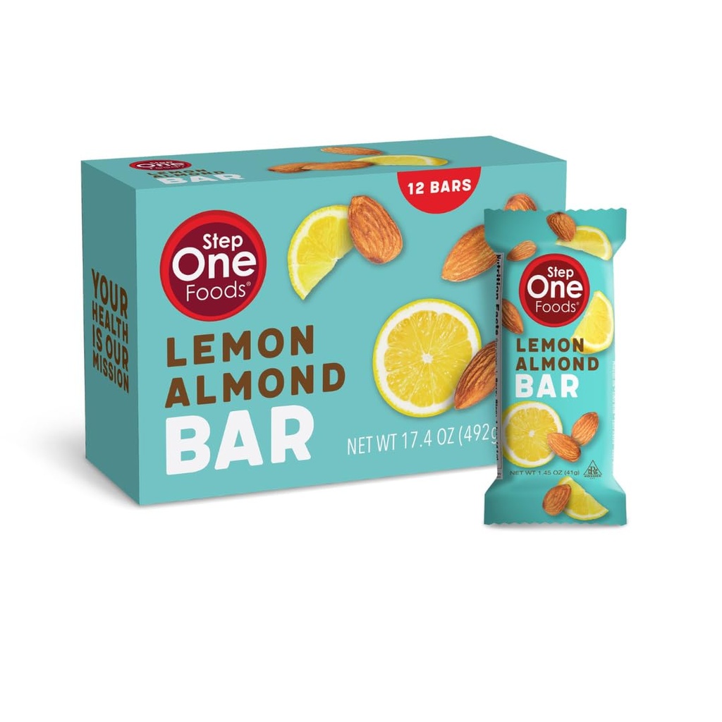 Step One Foods Lemon Almond Bar, Heart Healthy Snack Plant Sterns, Omega 3 's High Fiber Snack Gluck & Dairy Free, Vegan, Zero Sodium, Granola Bars (12 Pack)