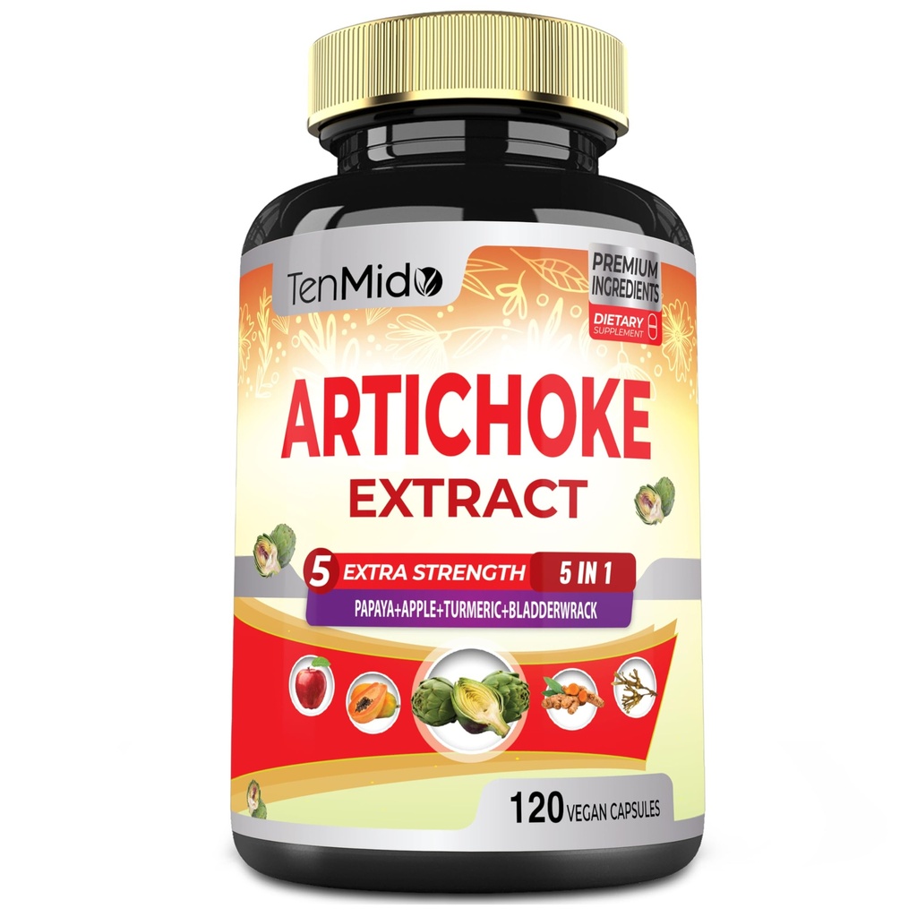 Tambahan Artichoke Extract Capsules, 4 Bulan Suply dengan Papaya, Apple Pectin, Turmeriic Curcumin, Bladderwrack - Pendukung Pembuangan Fungsi - 120 Vegan Capsules