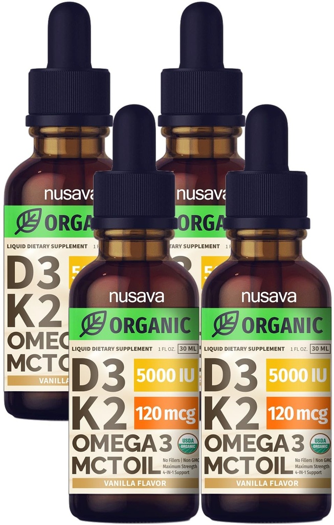 (4 Pack) Organik Vitamin D3 K2 Drops with MCT Oil Omega 3, 5000 IU, Maximum Power Vitamin D Liquid - No Filler, Non-GMO Liquid D3 for faster & Imune Dupport (Vanilla, 4 Fl Oz)
