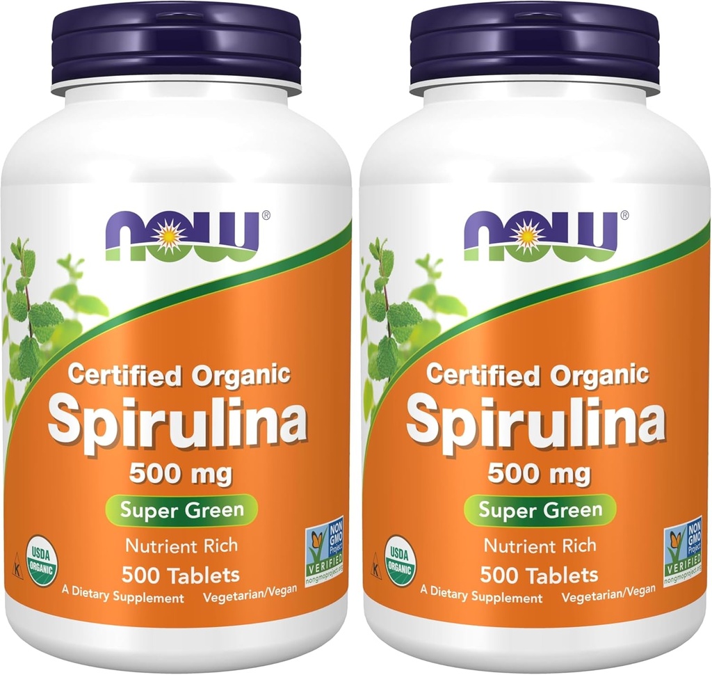 Suplemen SEKARANG, Spirulina Organik 500 mg dengan Vitamin, Mineral dan GLA (Acid Linolenik), 500 Tablet (Paket 2)