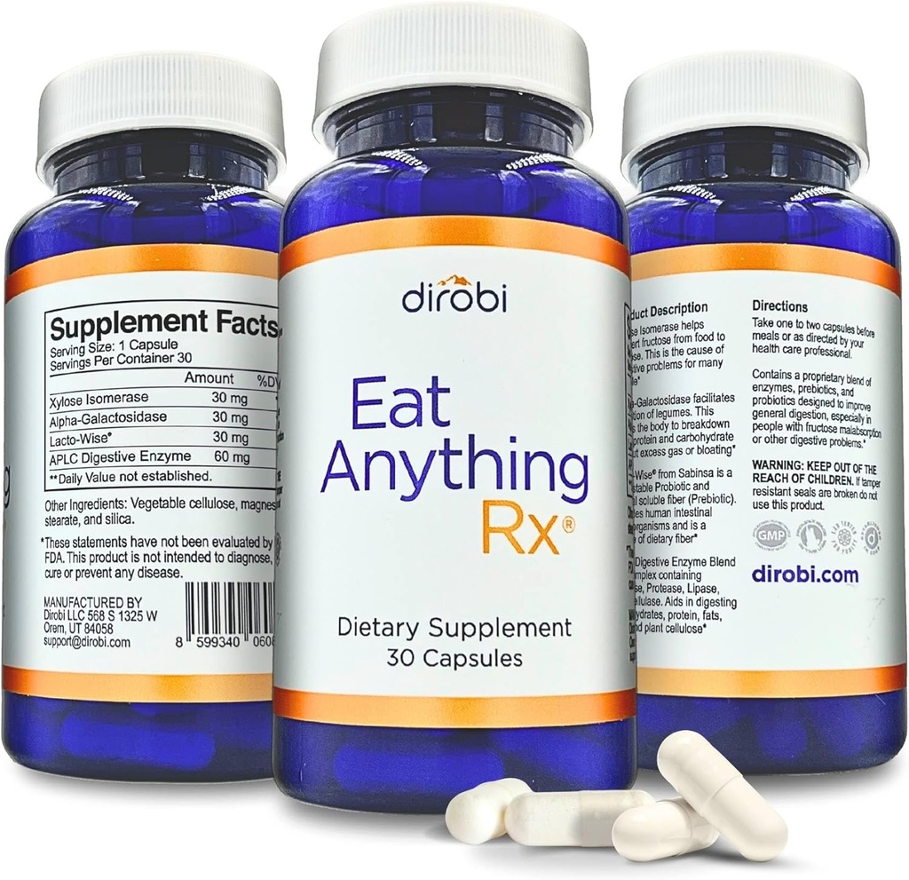 Dirobi Eat Anything Xylose Isomerase Fruktosa Malymes Enzymes, FODMAP Suplement, Digevitable Enzymes for Better Laktosa, Fat, Protein & Carbohydrate Divalry Gas & Bloating Relief 30 Capsules