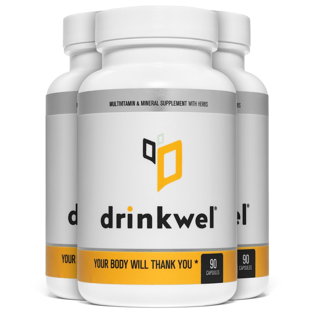 drinkwel Premium Multivitamin Suplement - Pack of 3 x 90 Capsules - Morning Recovery, Liver Support & Imune Support - Milk Thistle, Vitamin C, Zinc, Magnesium