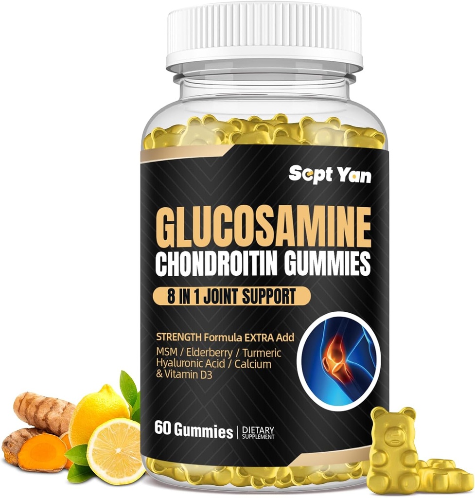 Glucosamin Chondroitin Gummies - 60 Dukungan Bersama - 1500mg Kekuatan Ekstra dengan MSM, Elderberry, Turmeric - Kartilage & Imune Dukungan untuk Dewasa, Pria & Perempuan Vegan - Mudah ditelan