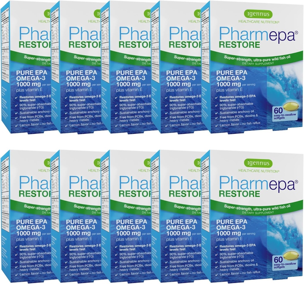Igennus Pharmepa Restore, EPA Murni 1000mg, Omega 3 rTG Fish Oil, IFOS Disahkan, Absorpsi Tinggi, 90% Konsentrasi Triple Kekuatan, Wild & Sustainable, Lemon Flavor, 10 Bulan Supply, Paket 10