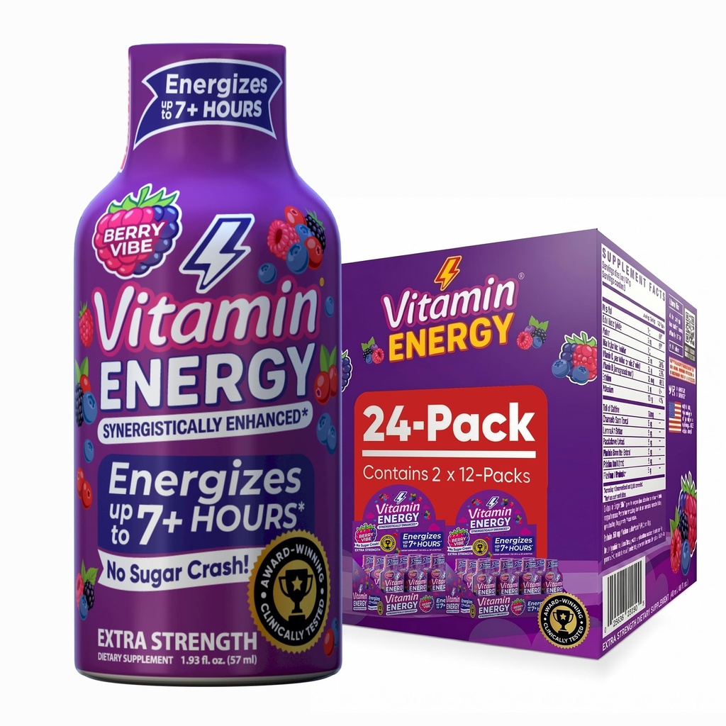 Vitamin Energy Mood + Extra Energy Shot Tropical Berry 24 Pack, 260mg Natural Caffeine, B-Vitamin, Rhodiola, Chamomile, Mood & Energy Duck, Zero Sugar, Gluten- Free, Vegan, 1.93 fl oz