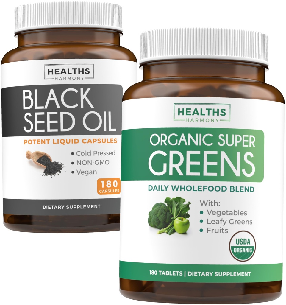 Minyak Benih Hitam & Organik Super Hijau (3- Bulan Suply) Benih & Sprout Bundle dari Minyak Benih Hitam (180 Capsules) Cold- Menekan Nigella Sativa & Organik Super Greens Powder (180 Tablet) melengkapi Superfood
