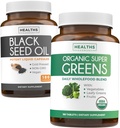 Minyak Benih Hitam & Organik Super Hijau (3- Bulan Suply) Benih & Sprout Bundle dari Minyak Benih Hitam (180 Capsules) Cold- Menekan Nigella Sativa & Organik Super Greens Powder (180 Tablet) melengkapi Superfood