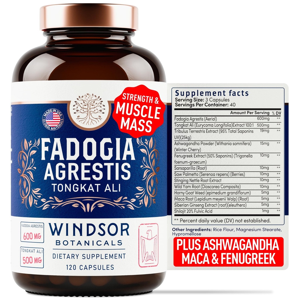 Fadogia Agrestis dan Tongkat Ali Suplemen - Fadogia Agrestis 600mg, 500mg Longjack Tongkat Ali untuk Pria, Maca Root, Fenugreek, Ashwagandha, Saw Palmetto untuk Dukungan Energi, Stamina, Vitalitas - 120Caps