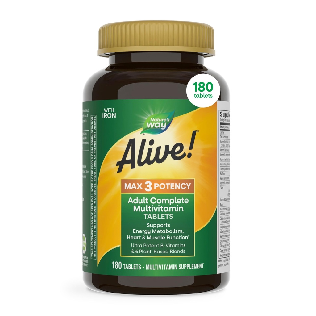 Alam Hidup! Potency Max3 Daily Multivitamin, Methylated B12 and Flolate, Ultra Potency B- vitamin untuk mendukung Energi Metabolisme *, 180 tablet