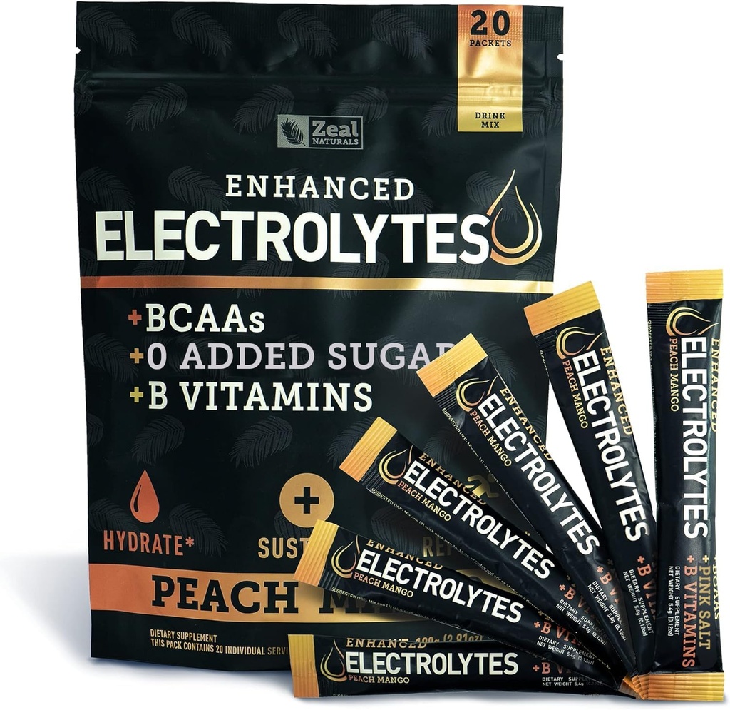 Enhanced Electrolite Powder (Peach Mango 20pk.) w 0 Sugar + BCAAs + BVitamin Electrolite Suplemen w Potasium Zinc & Magnesium for Hydration - Keto Electrolytes