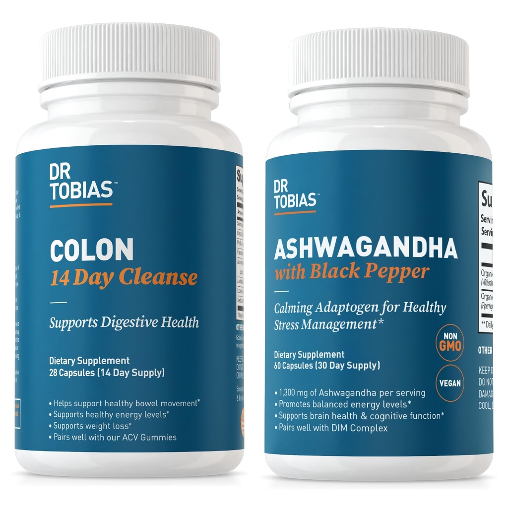 Dr. Tobias Colon Hari Cleanse dan Ashwagandha Capsules, Colon Cleanse Detox dan Calming Adaptogen, Support Energy & Imune Health, Non-GMO