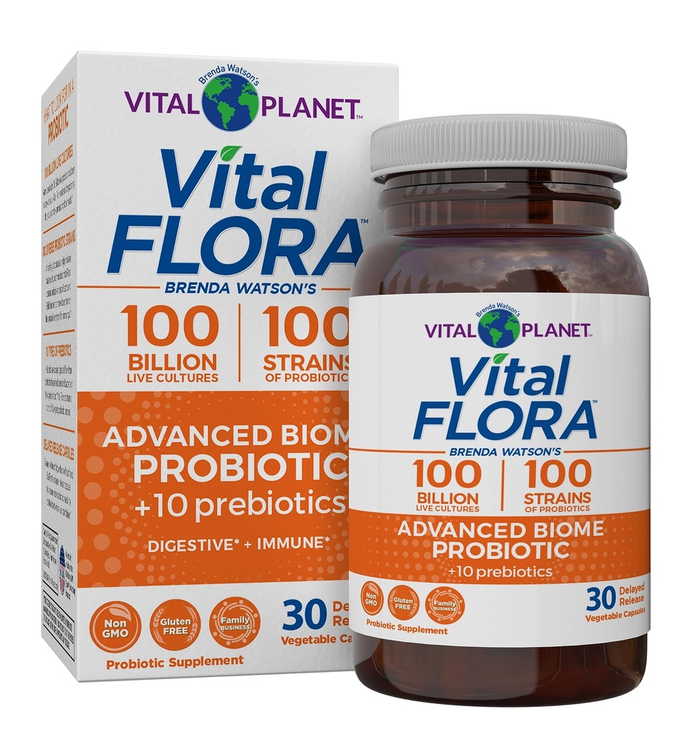 Planet Vital - Vital Flora Advanced Biome Probiotic 100 Billion CFU, 100 Diverse Strains, 10 Organic Pregories, Immune Dukung, Colon and Digetical Health Progrees for Women and Men 30 Capsules