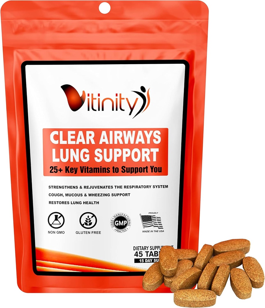 Suplemen Dukungan Immune, VITINITY Lung Cleanse Respiratory, 25 + Key Ingredient Lung Health Detox for Breath, Asthma, Seasonal Allergy Tablet (15 Hari)