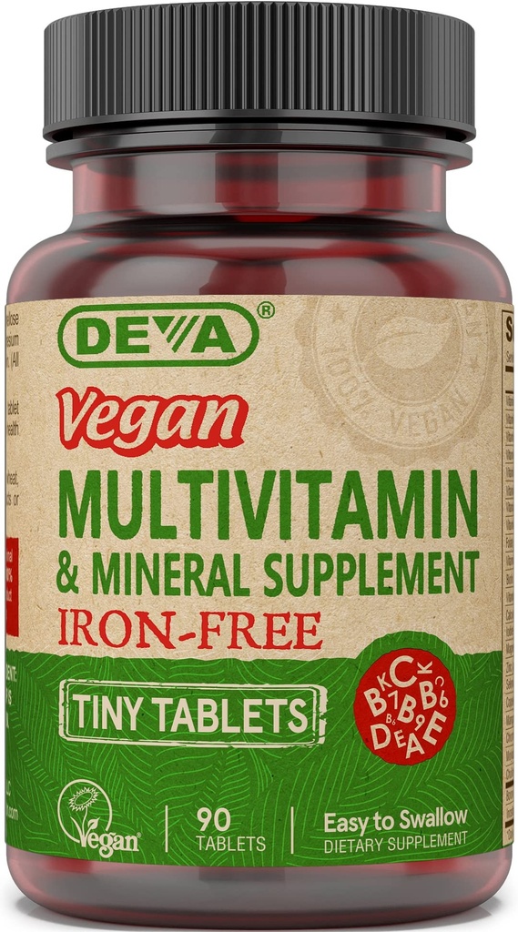 Deva Vegan Iron- Free Multivitamin & Mineral Suplemen, Vitamin C, D2, E & B-Complex, Biotin, 90 Tiny Tablet