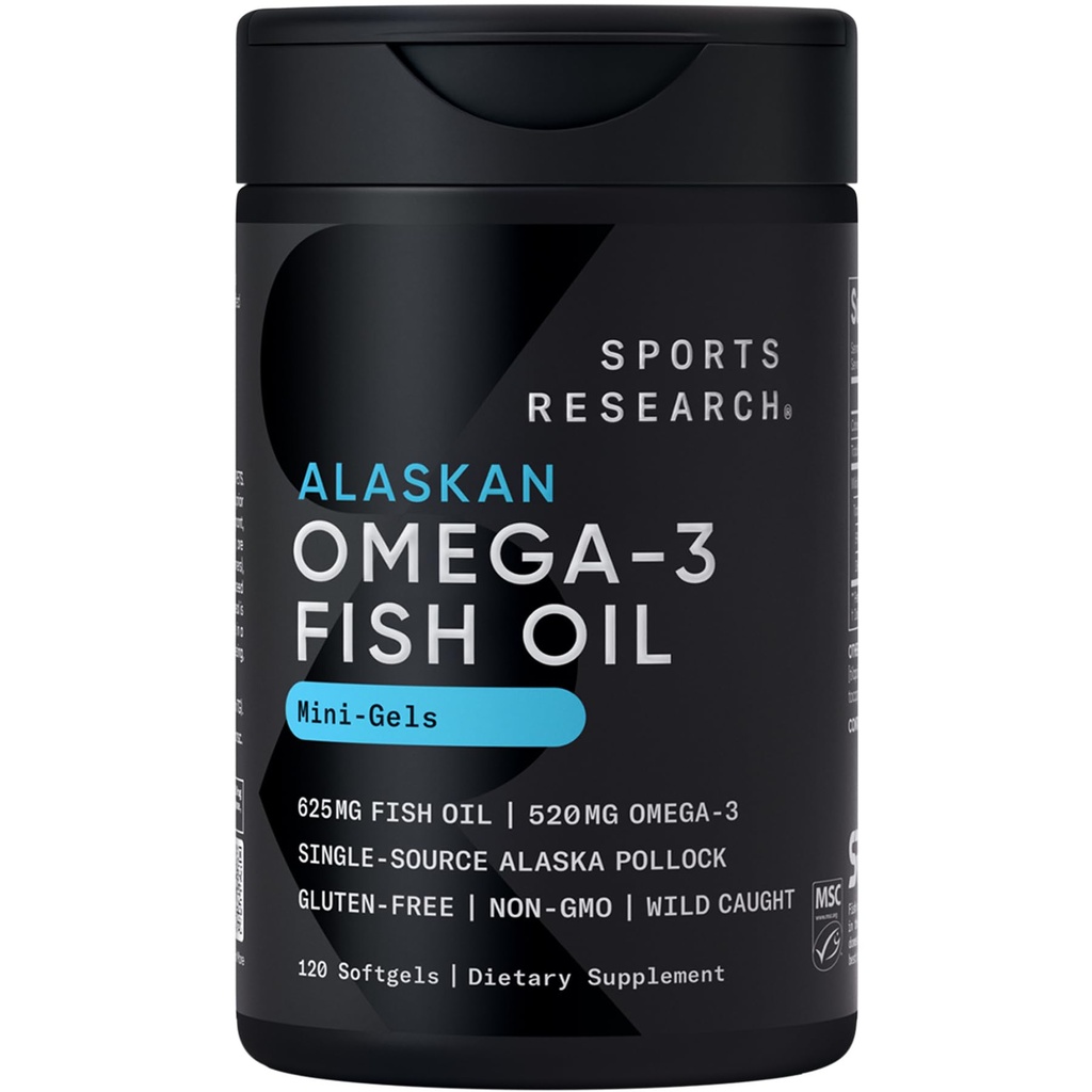 Sports Research Fish Oil Mini- Softgels - mudah Swallow Omega- 3 Fatty Acids dari Wild Caught Alaska Pollock - 625mg, 120 Softgeels