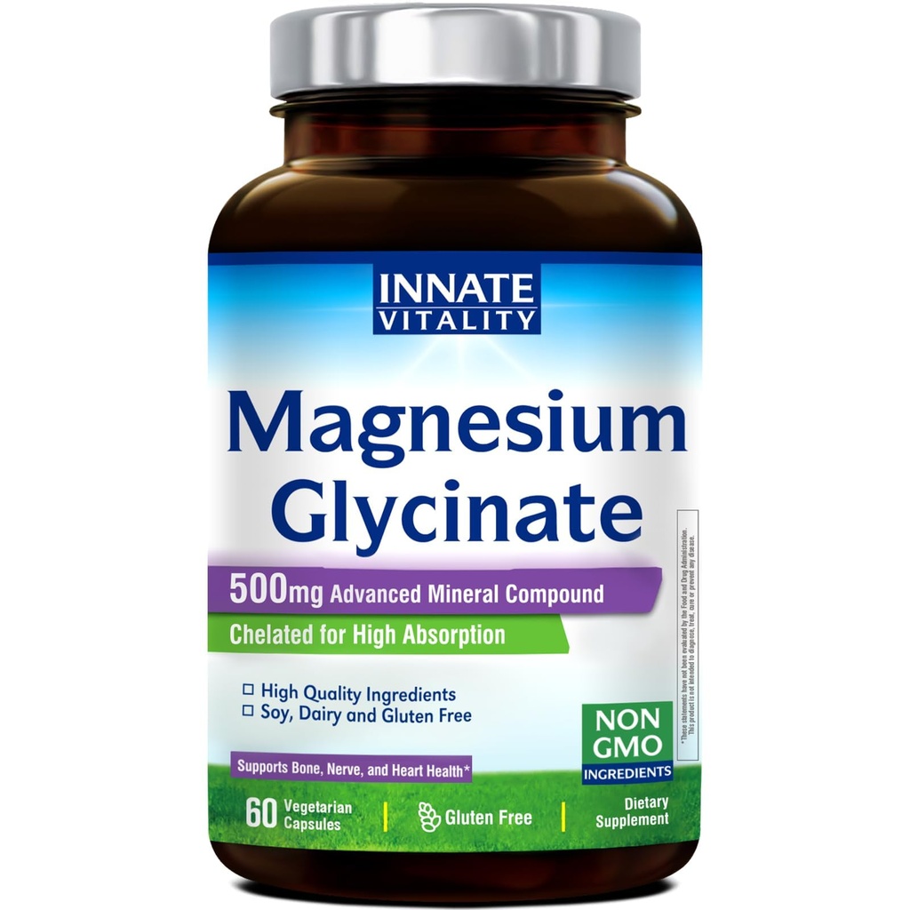 Innate Vitalitas Magnesium Glycinate 500mg 124; 70mg Magnesium Suplemen Elemental Magnesium-Tinggi, Non Buffered, Non-GMO & No Gluten - Nerve, Bone & Heart Health - 60 Vegan Capsules Magnesio