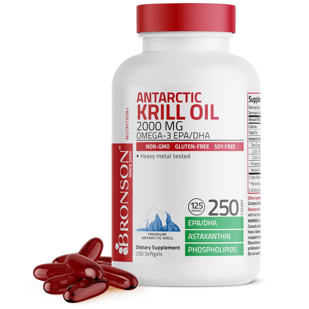 Bronson Antartika Krill Oil 2000 mg dengan Omega- 3s EPA, DHA, Astaxanthin dan Phospholipids, 250 Softgeels (125 Hamba)