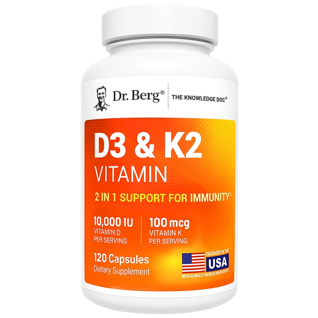 Kekuatan Maksimal Dr Berg 2-in- 1 Vitamin D3 10.000 IU 124; Larut D3 14; 4X Buruh Diverifikasi & Verifikasi 124; Absorpsi Tinggi Formula 124la, K2 D3 Vitamin Suplemen - 120 Capsules