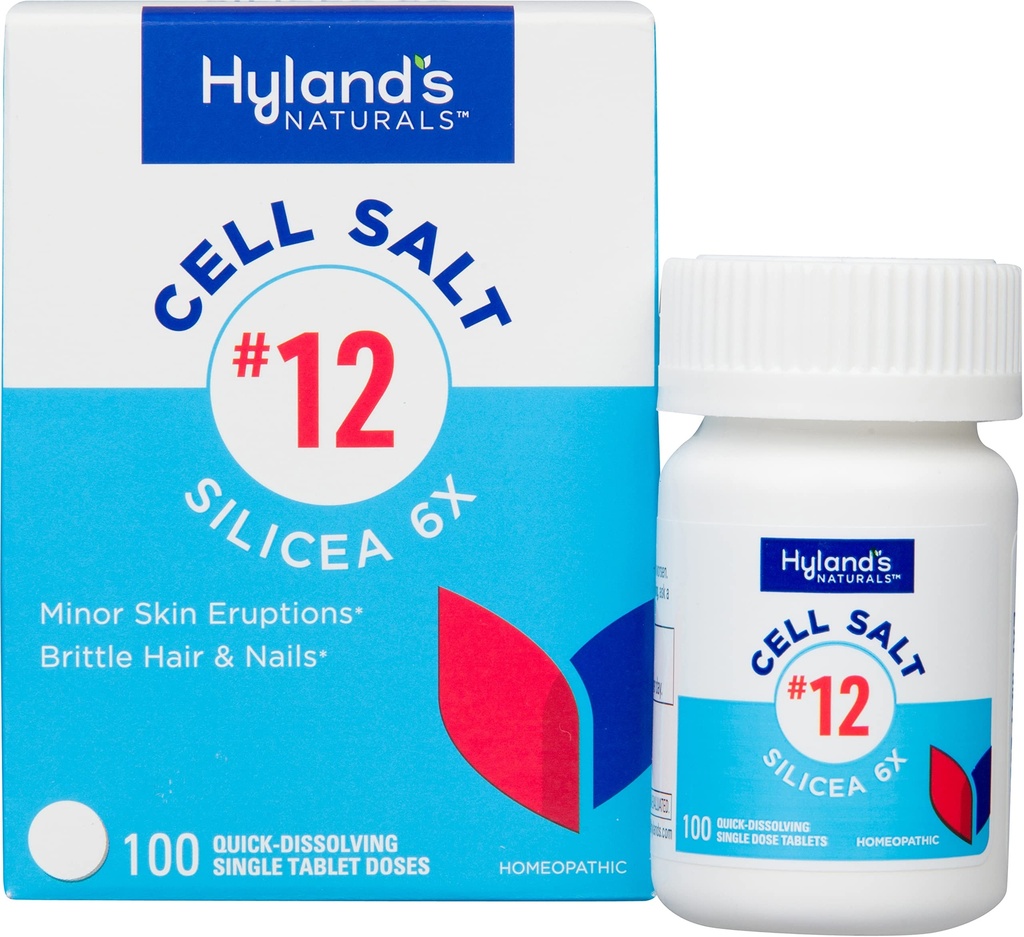 Sel Hyland no 12 Garam Silicea 6X Tablet, Obat Acne and Blackhead, Suplemen Rambut dan Nail Growth dan Strengthener, Irrities Skin, Table Quick Dissoling, 100 Count