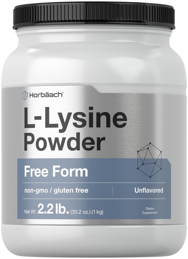 Horbäach L- Lysine powder 124; 2.2 lbs 124; Unflashing Free Form Supplement 12.4; Vegetarian, Non- GMO, Gluten Free Formula