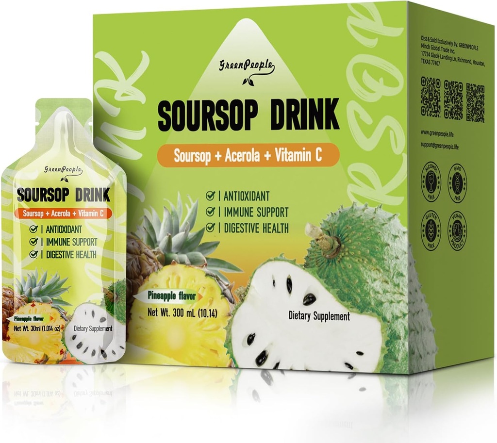 Orang-orang Hijau Soursop & Acerola Limid Minum, Soursop Bitters Liquid, Imune Boosting Vitamin C Minum, Absorpsi Cepat, Vegan, Non-GMO, 10 Paket