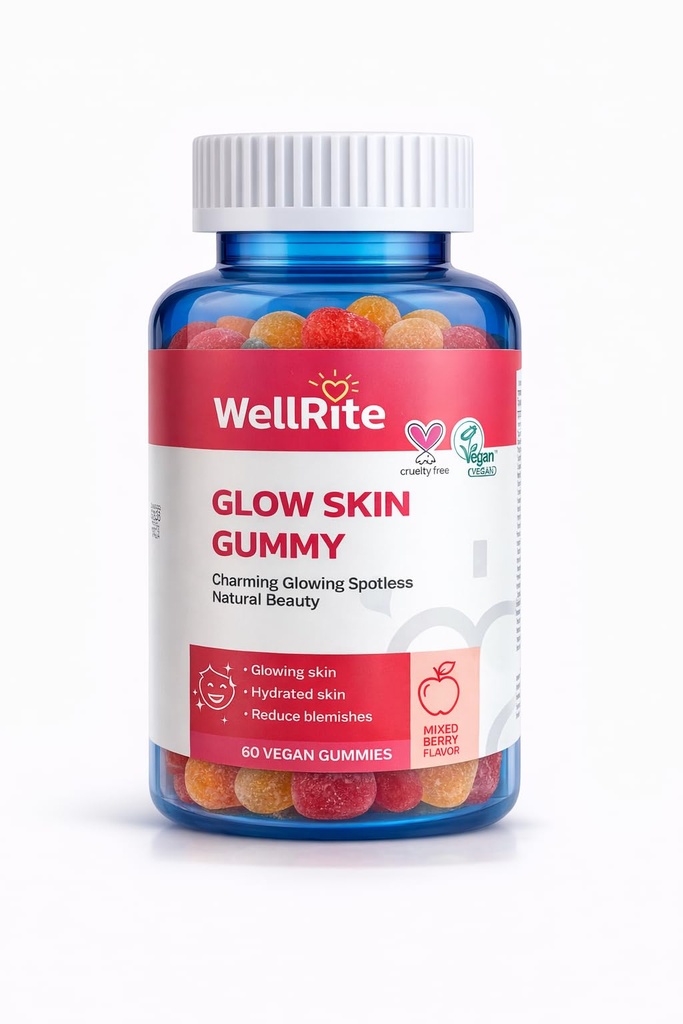 Glow Skin Gummy Vitamin, 60 Count, Apple Flavored, Vegan, Gelatin Free, Gluten Free, Nut Free, Glowing & Hydrated Skin, Reduced Eczema, Reduced Wrinkles