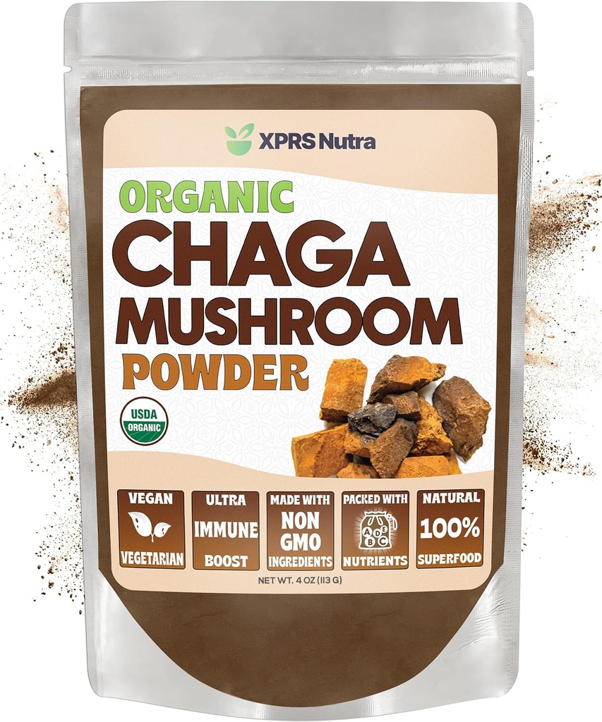 XPRS Nutra Organic Chaga Mushroom Powder - Premium USDA Organic Chaga Mushroom Popper - Chaga Powder for Imunity - Vegan Friendly Superfood for Chaga Tea and Beverage (4 Ounce)